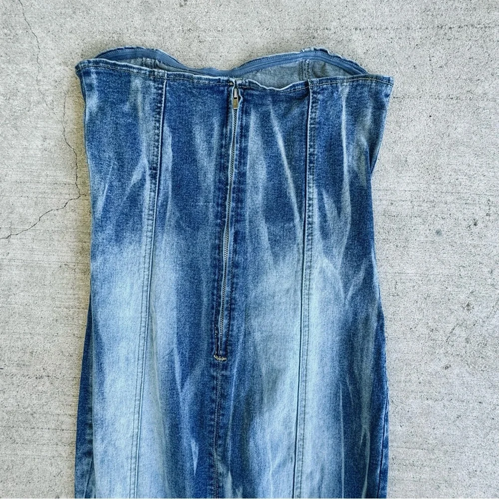 AKIRA Long Sexy Strapless Stone Washed Mermaid Denim Dress w/ Front Slit 0/XS - Picture 5 of 6